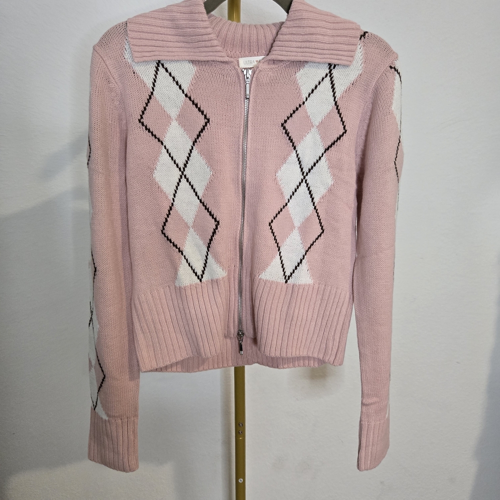 Ultra Flirt Light Pink Argyle Zip Cardigan